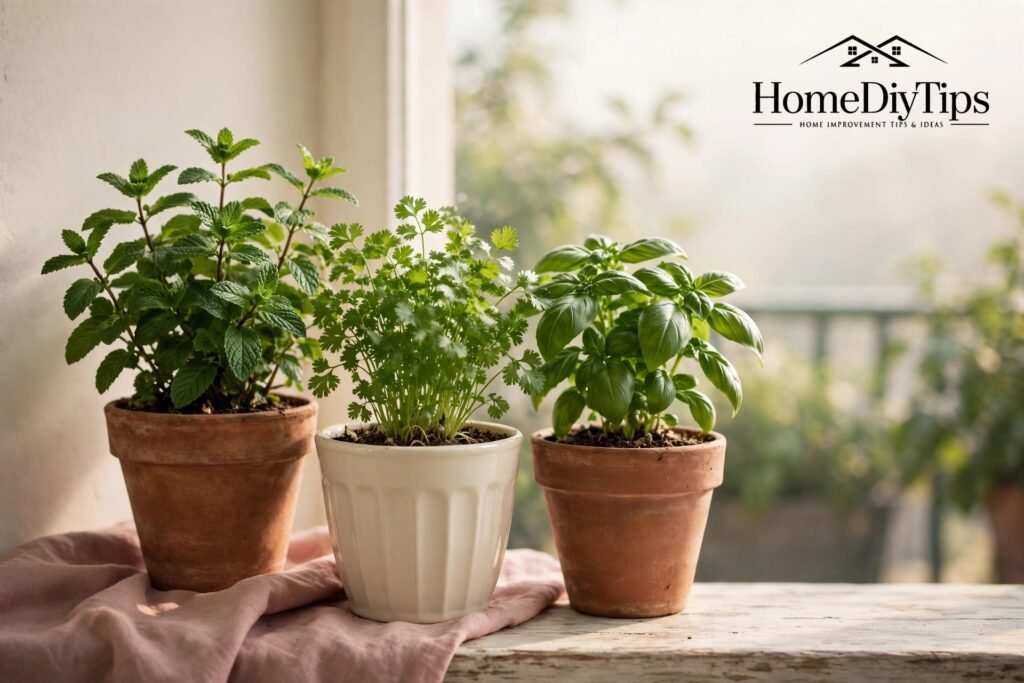 Mint, coriander and basil growing in pots on a sunny windowsill
