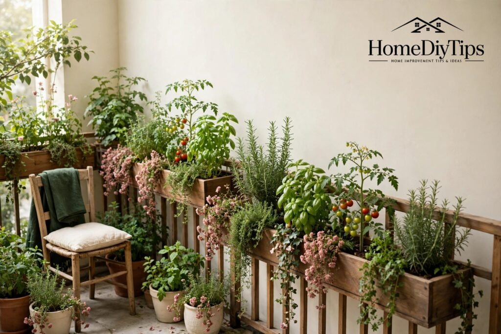 Small lush balcony garden with pots, planters and railing boxes full of herbs and flowers.