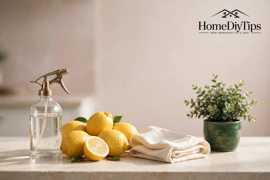 Natural cleaning supplies with a glass spray bottle, lemons, cloth and plant on a bright kitchen counter.