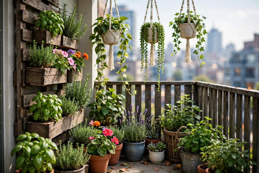 Container plants and hanging planters on a small sunny balcony garden