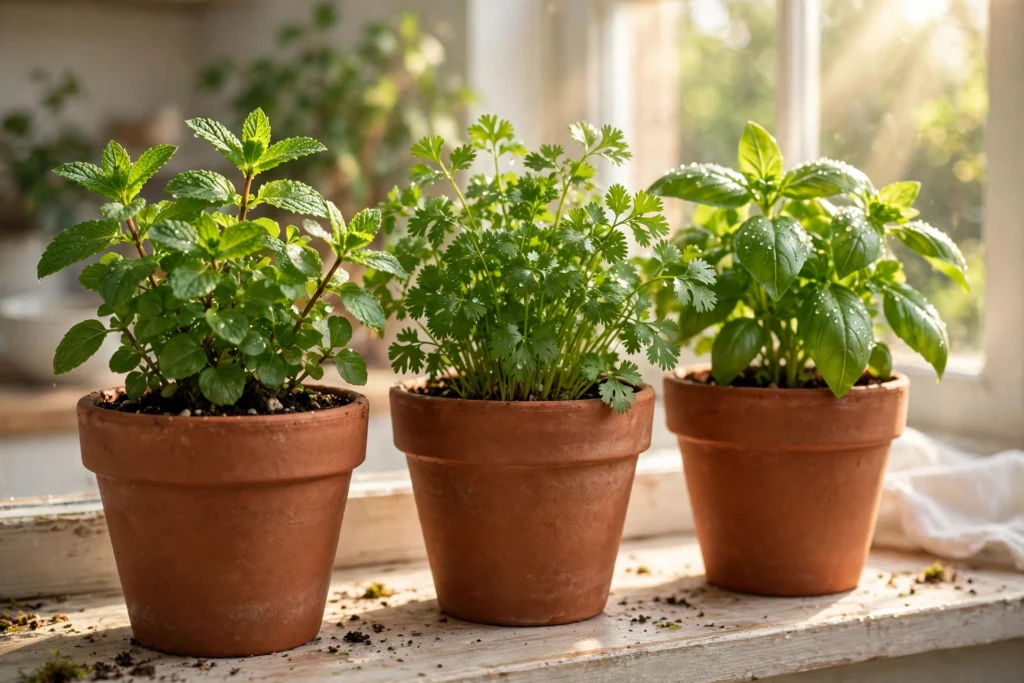 Fresh mint, coriander and basil growing in terracotta pots on a windowsill