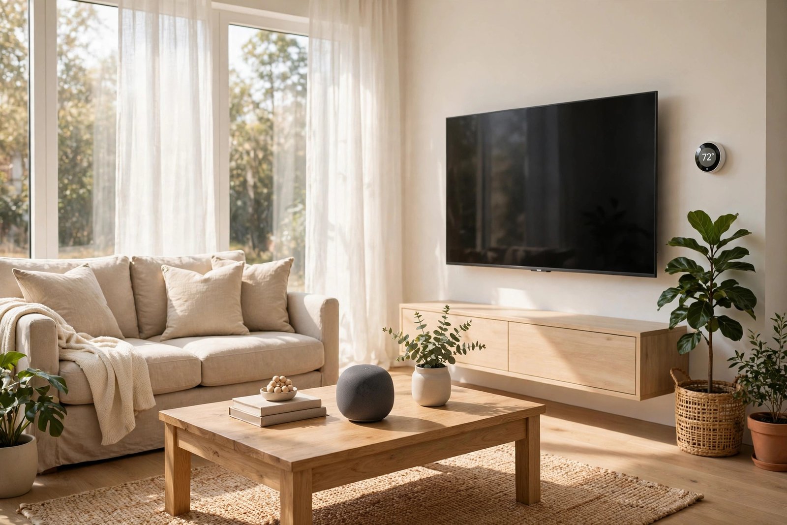 Bright modern living room with smart home devices including a smart TV, thermostat and voice speaker