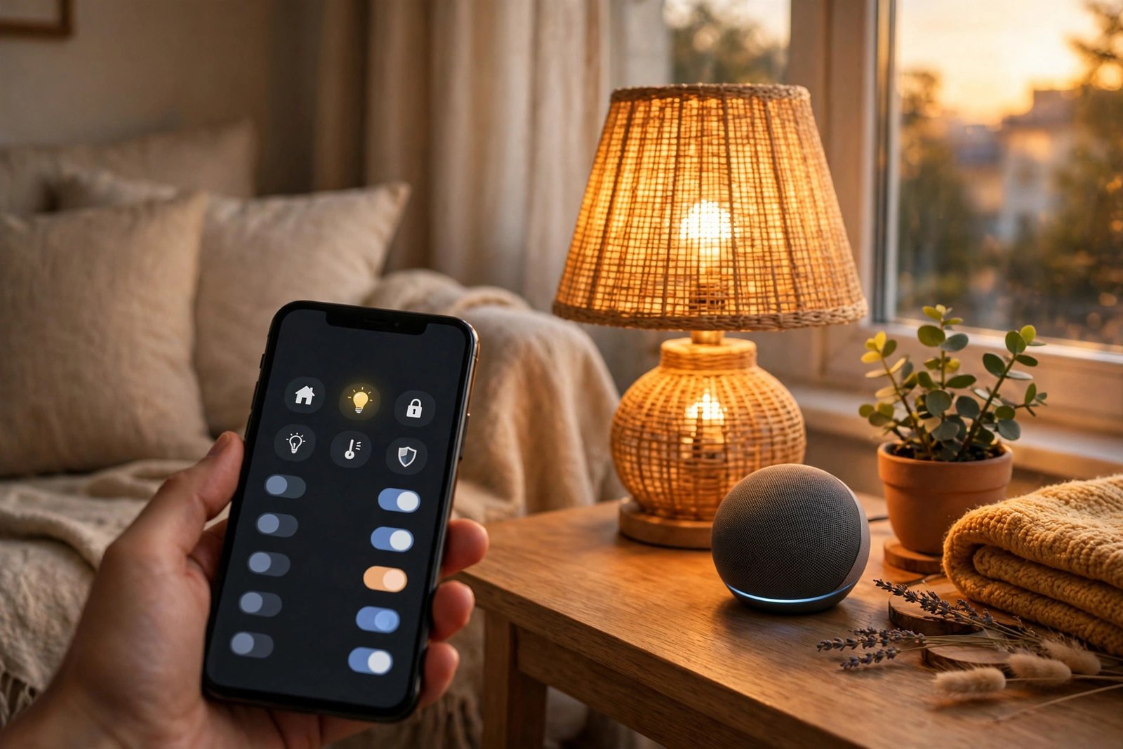 Hand holding a phone with a smart home app beside a glowing smart lamp and speaker