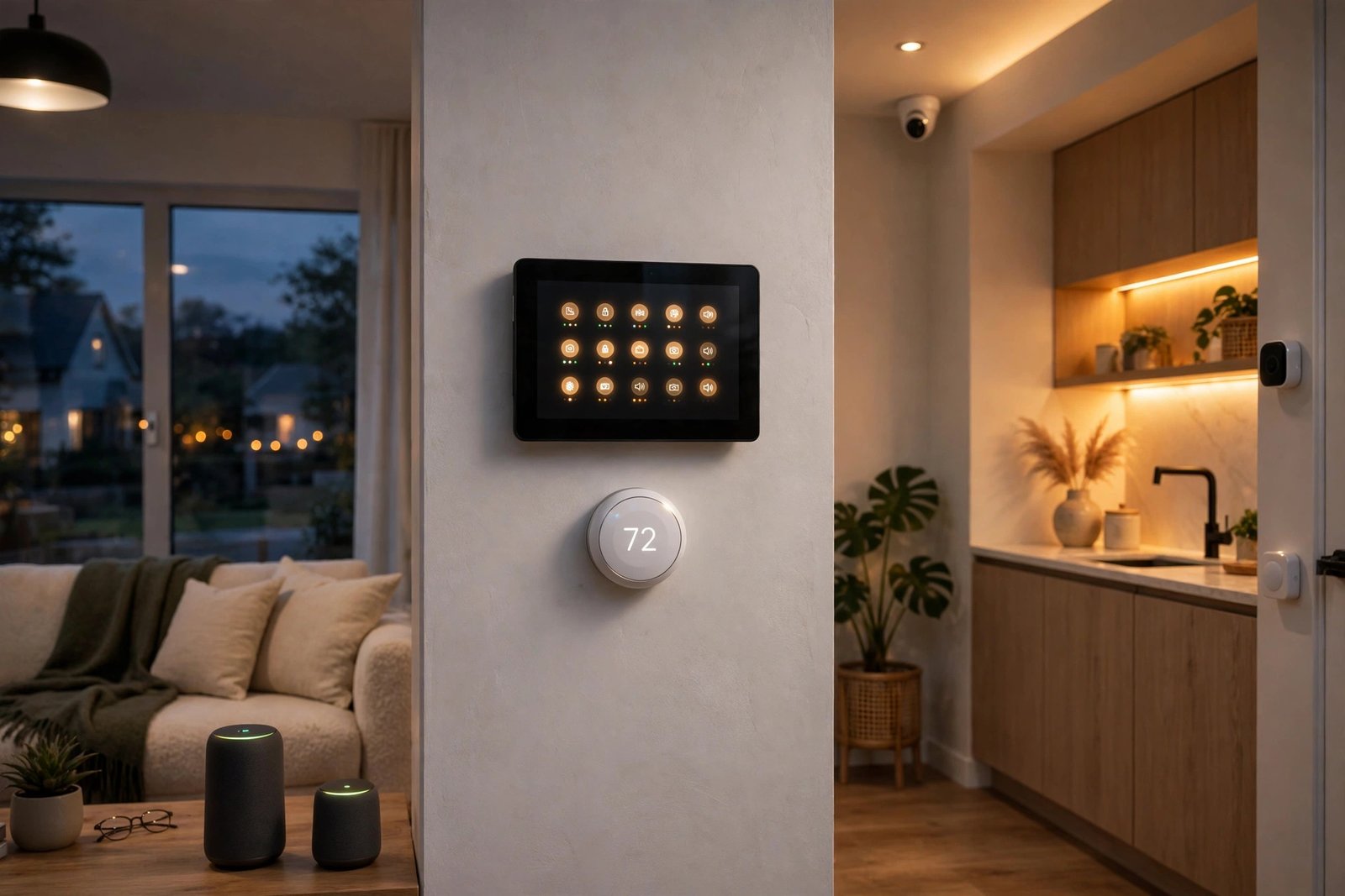 Wall-mounted smart home control panel with thermostat, cameras and speakers in a living room