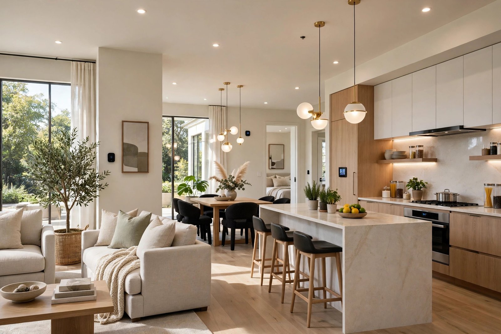 Bright open-plan living room flowing into a modern smart kitchen