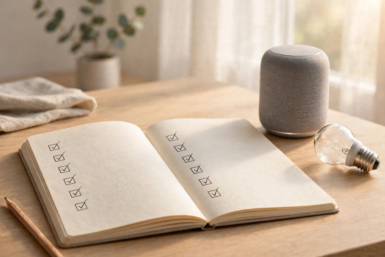 Open notebook with a smart home setup checklist beside a smart speaker and bulb
