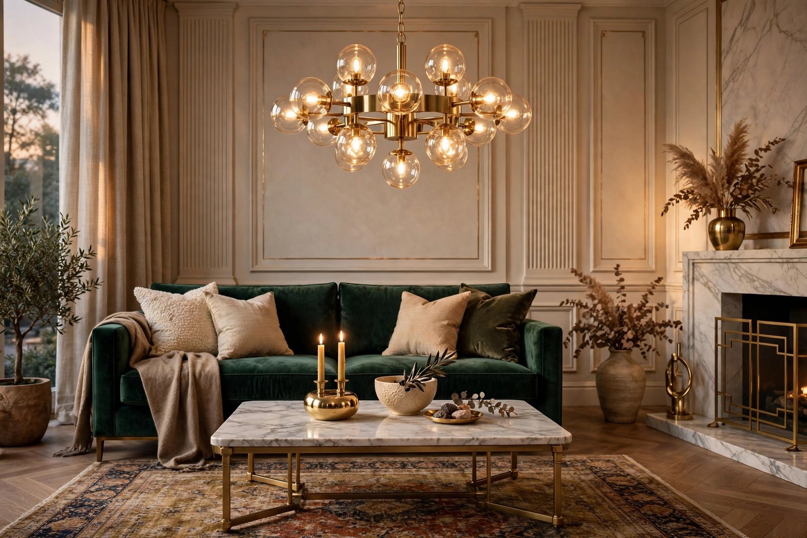 Elegant living room with green velvet sofa, gold chandelier and luxury decor accents