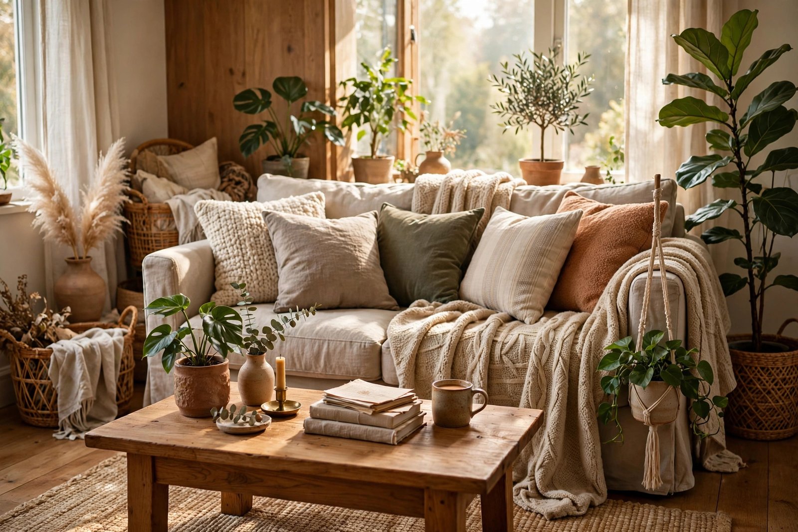 Cozy layered living room with warm lighting, soft sofa and plants