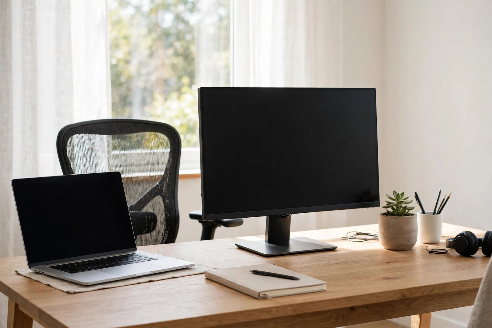Clean organised home office with desk, monitor, chair and natural light