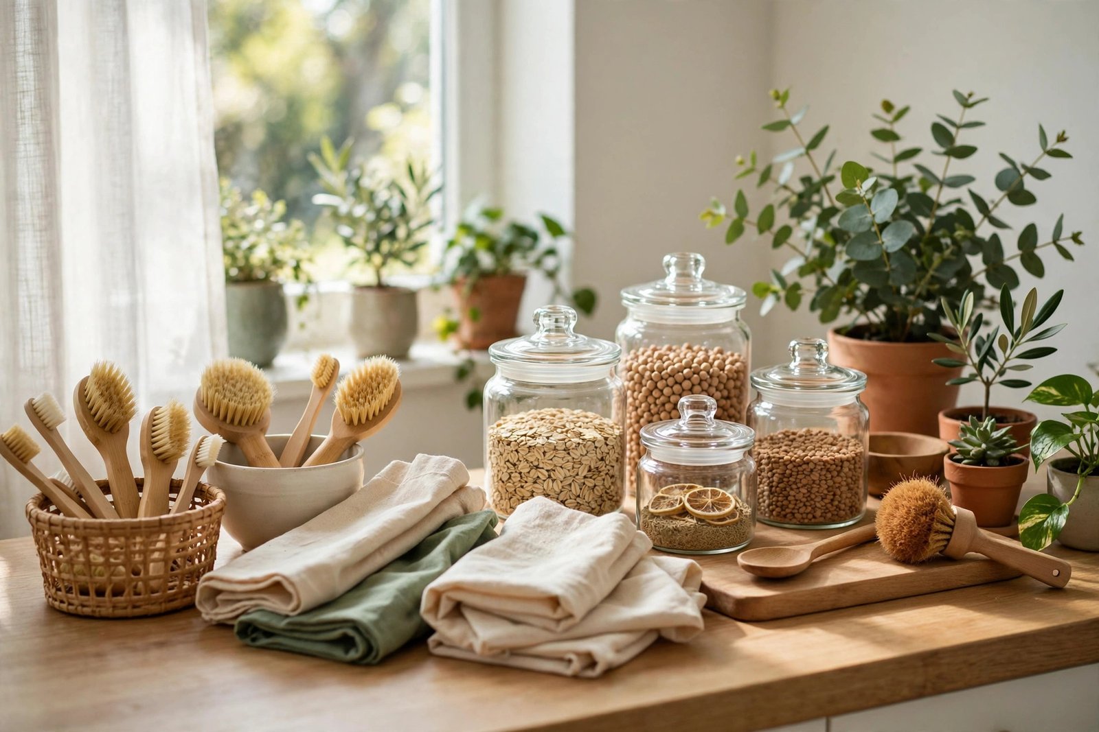 Eco-friendly home products: bamboo items, glass jars and reusable cloths
