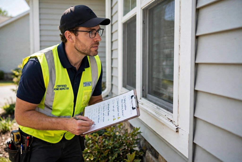 Home inspector with clipboard checking a house exterior wall and window