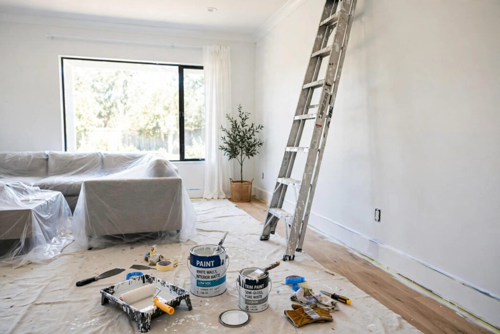 Freshly painted bright living room mid-renovation with ladder and tools