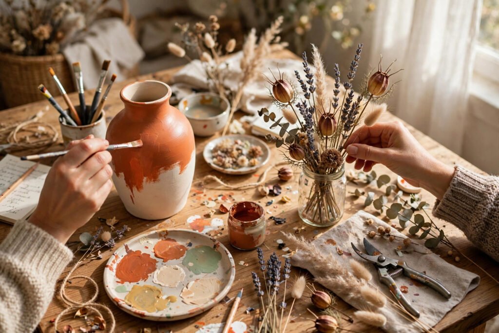 Hands crafting DIY home decor, painting a vase with dried flowers on a table