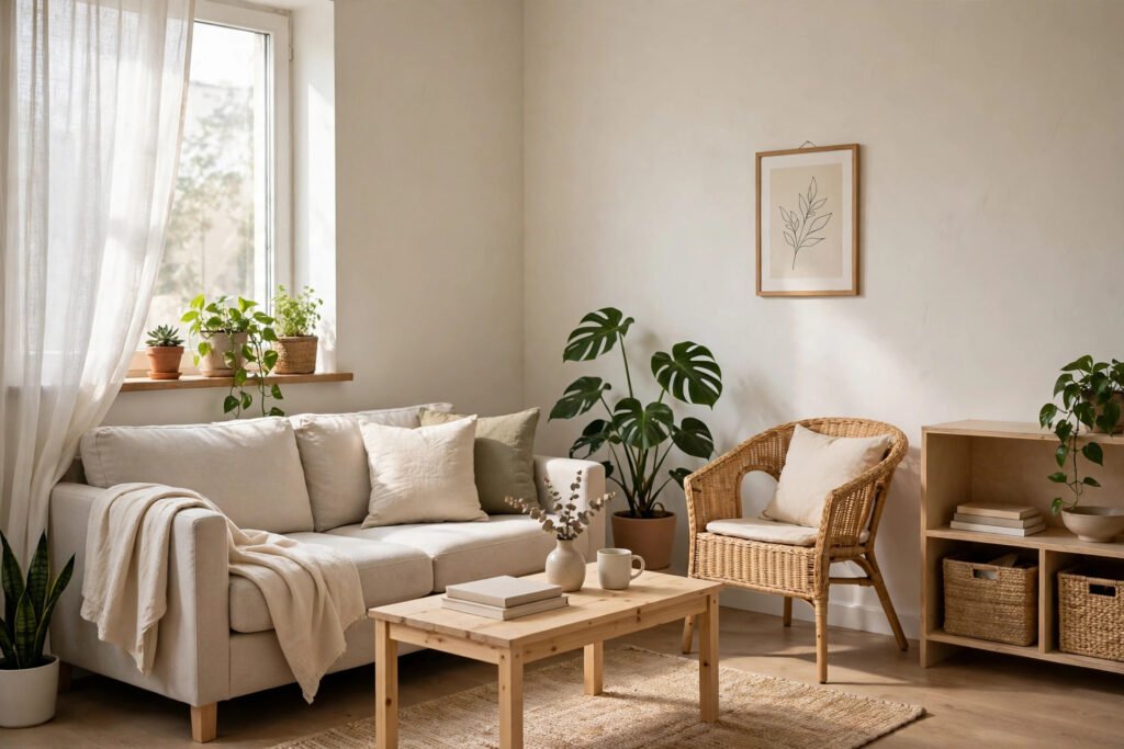 Affordably renovated modern living room with simple furniture and plants