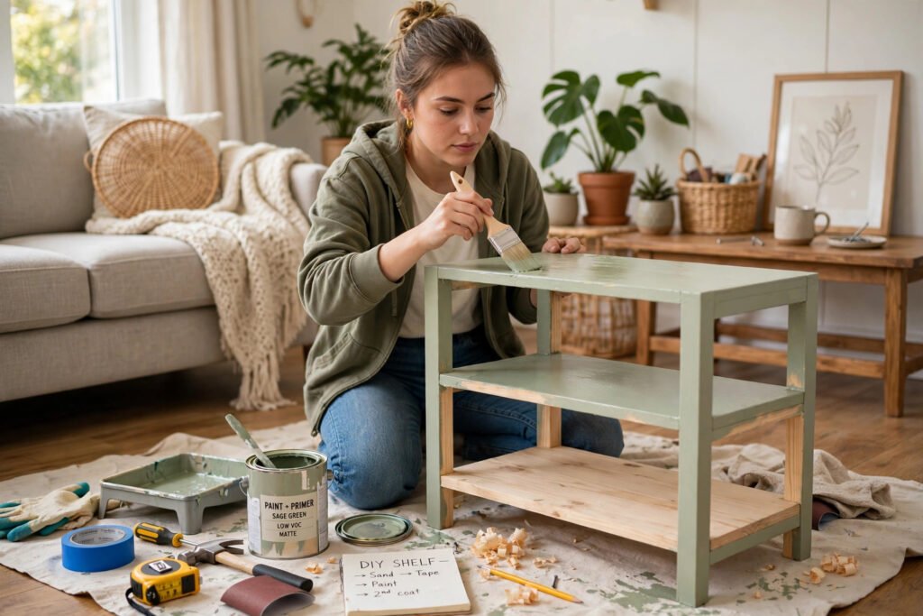 Beginner painting a wooden shelf with a brush, tools nearby at home