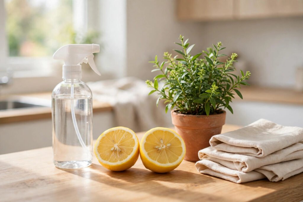 Natural cleaning products with spray bottle, lemons, plant and cloths